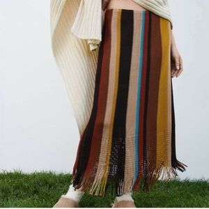 Zara Striped Knit Fringe High-Rise Midi Skirt
